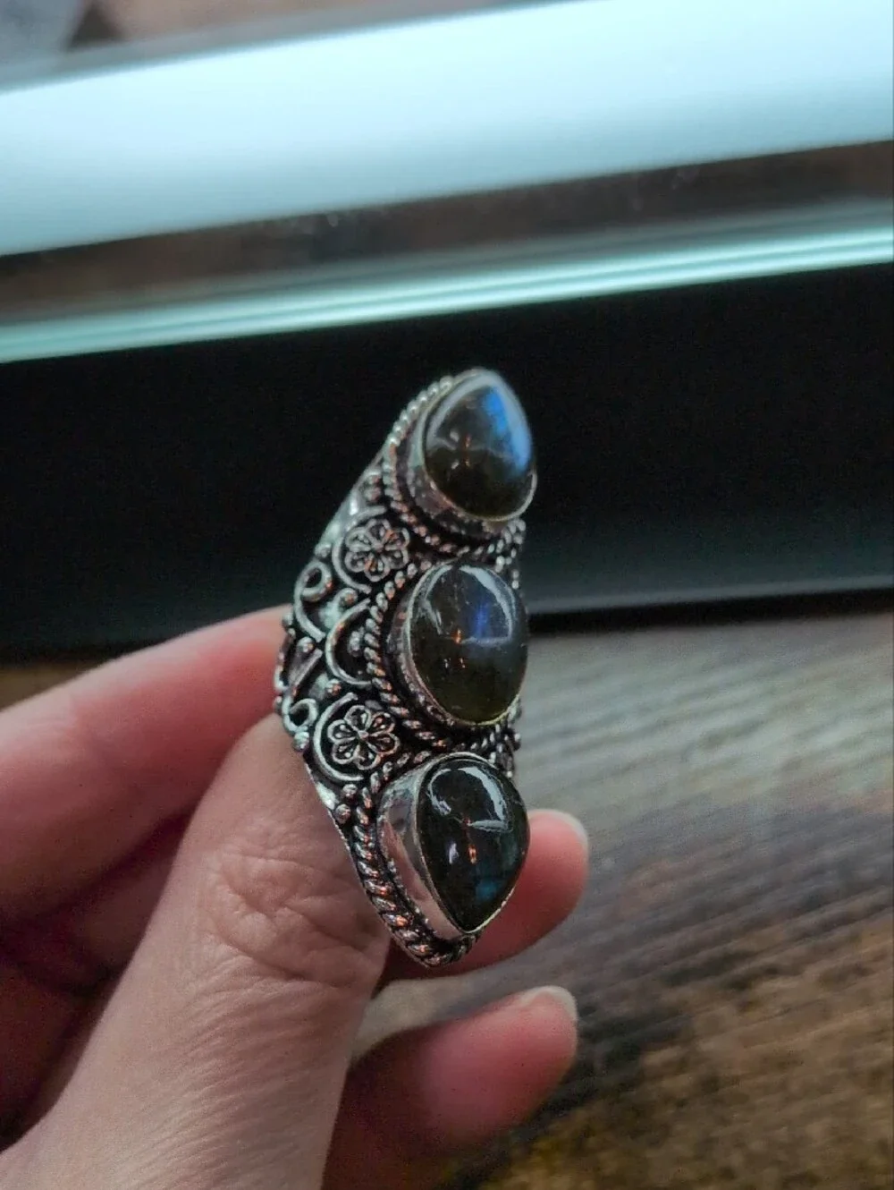 Sterling Silver Labradorite Triple Stone Statement Ring - Blue